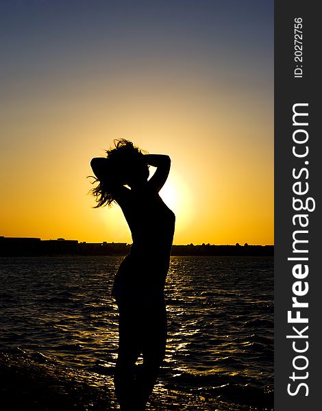 Girl's silhouette on the sunset