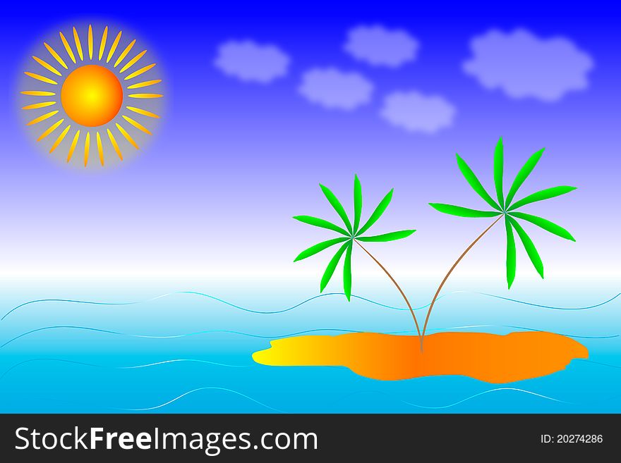 Tropical island with sea, sun and palm tree