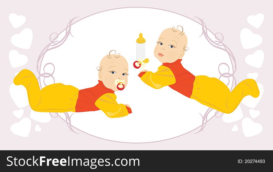 Baby twins on the decorative background. Illustration