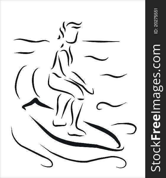 Sportman surfing in the sea made with black traces