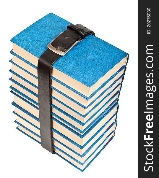 Many books tightened with black leather belt. Many books tightened with black leather belt