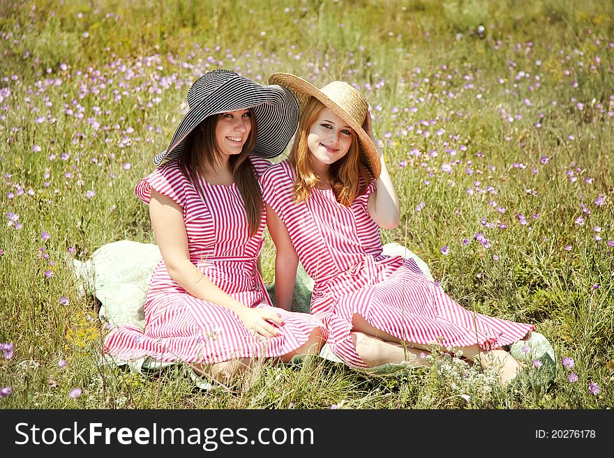 Two girls at contryside in red dresses. Two girls at contryside in red dresses.