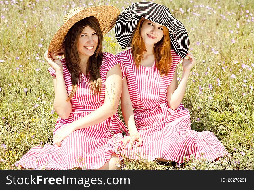 Two girls at contryside in red dresses. Two girls at contryside in red dresses.