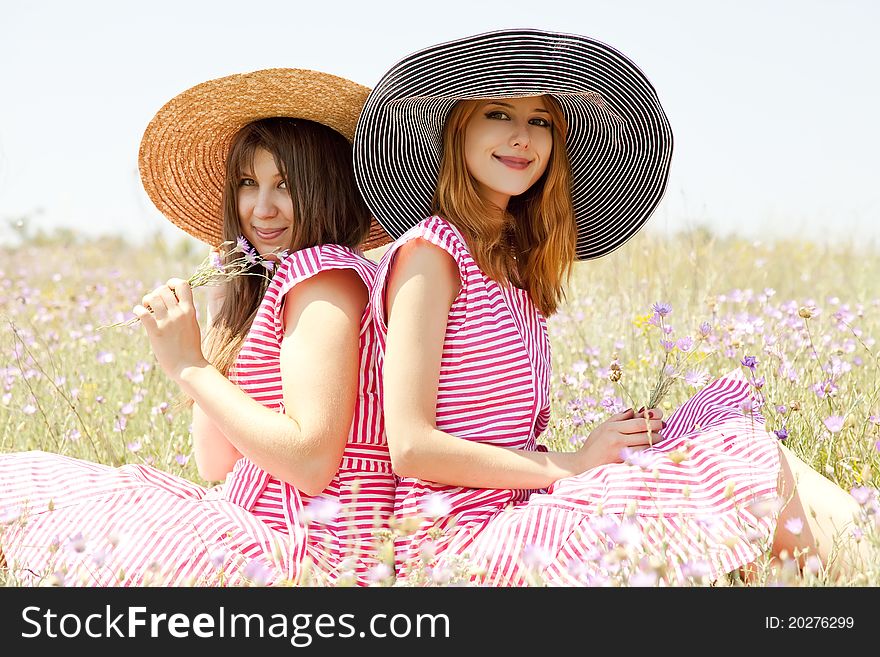 Two girls at contryside in red dresses. Two girls at contryside in red dresses.