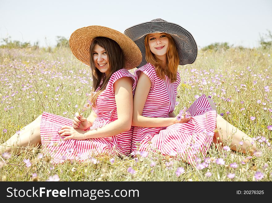 Two girls at contryside in red dresses. Two girls at contryside in red dresses.