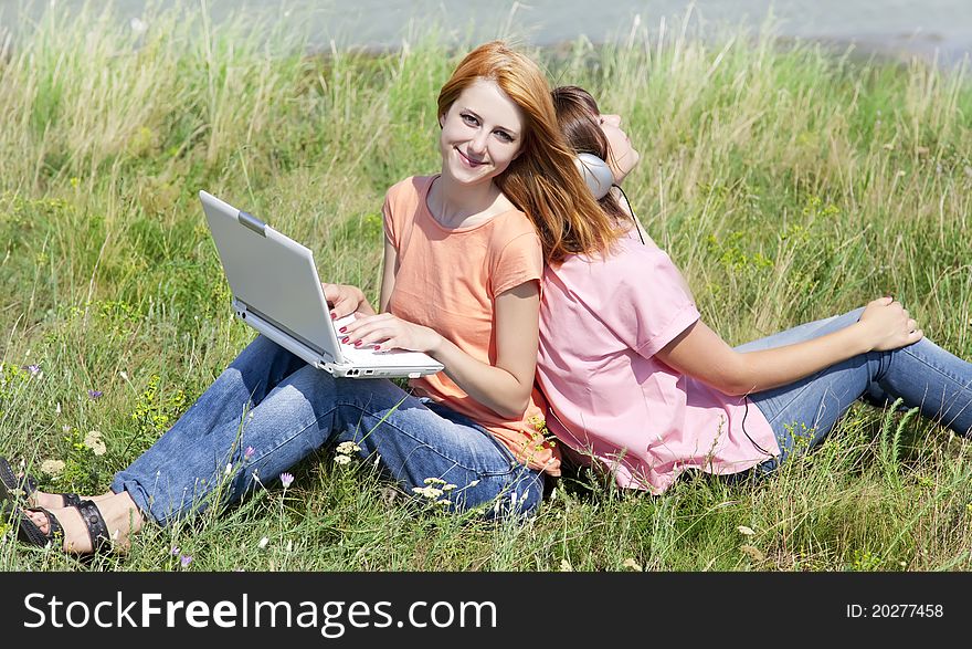 Girlfriends At Countryside With Laptop