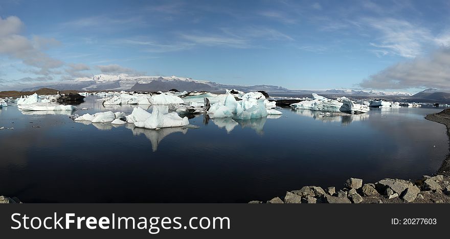 Panorama: Jokulsarlon lake iceberg lagoon Southeast of Iceland. Panorama: Jokulsarlon lake iceberg lagoon Southeast of Iceland