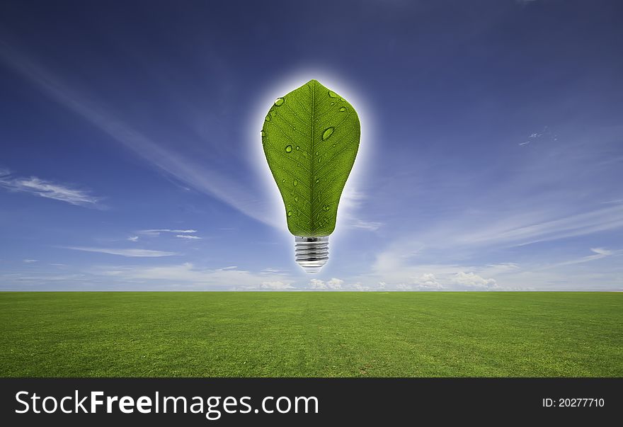 Leaf and lamp mixed together, over blue sky and green meadow. Leaf and lamp mixed together, over blue sky and green meadow.