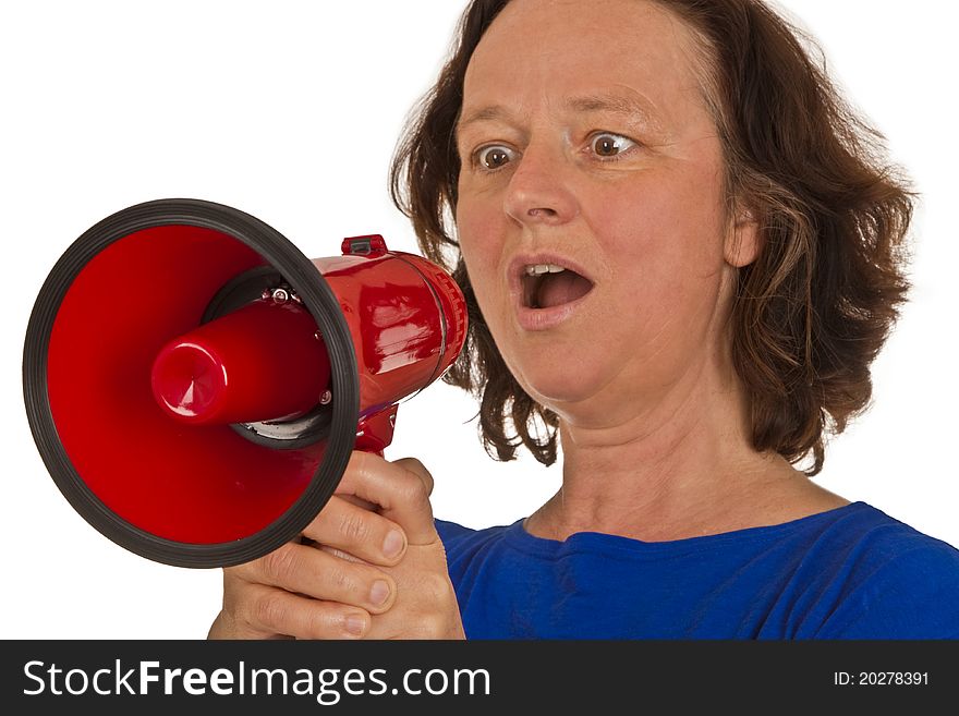 Middle aged woman with megaphone isolated on white background