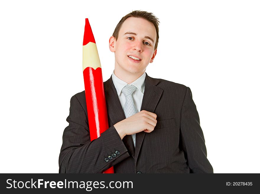 Freindly businessman with red pencil isolated on white background