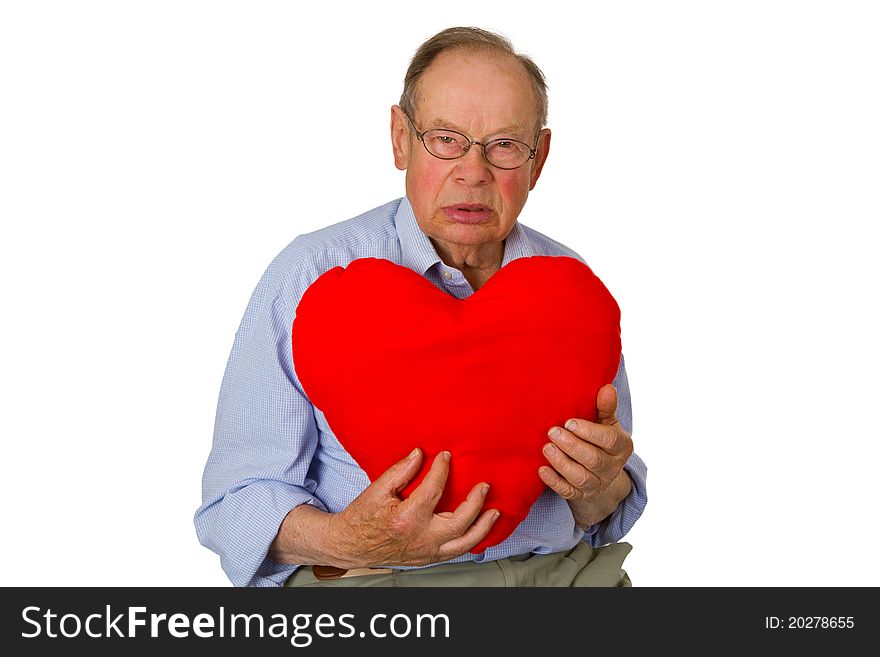 Male senior red heart isolated on white background.