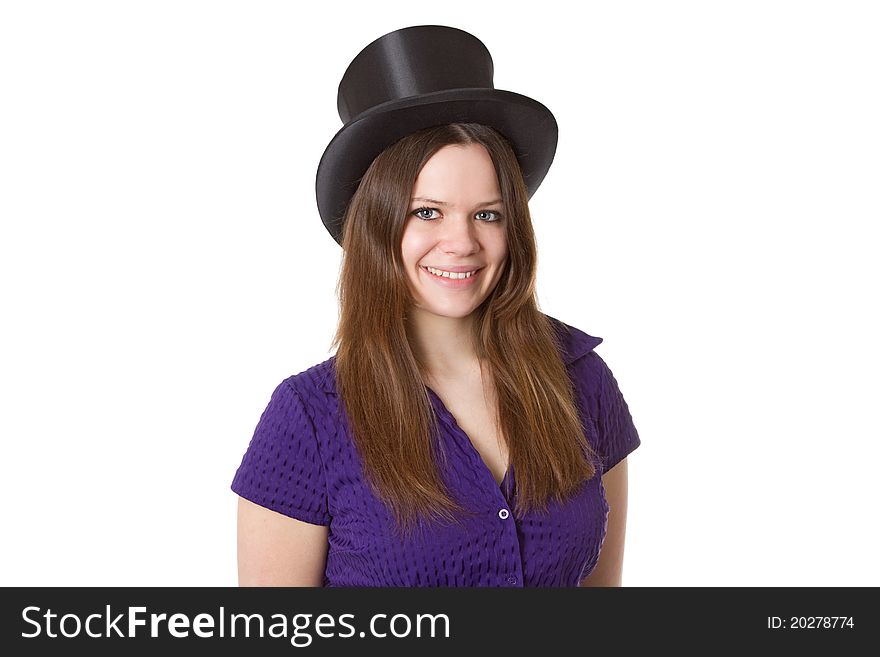 Attractive young woman with  Chapeu Claque isolated on white background