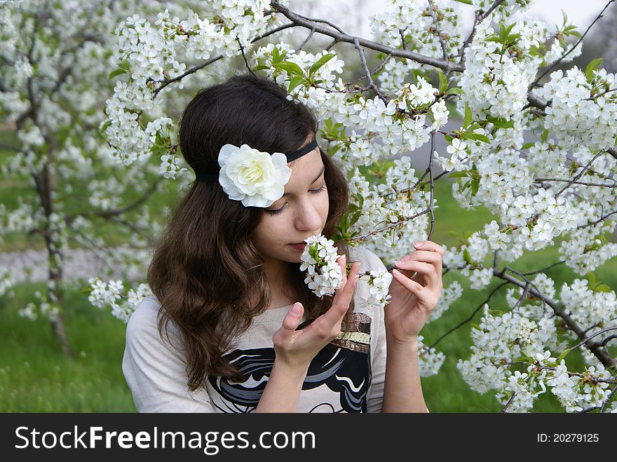 The girl with beautiful spring flowers. The girl with beautiful spring flowers