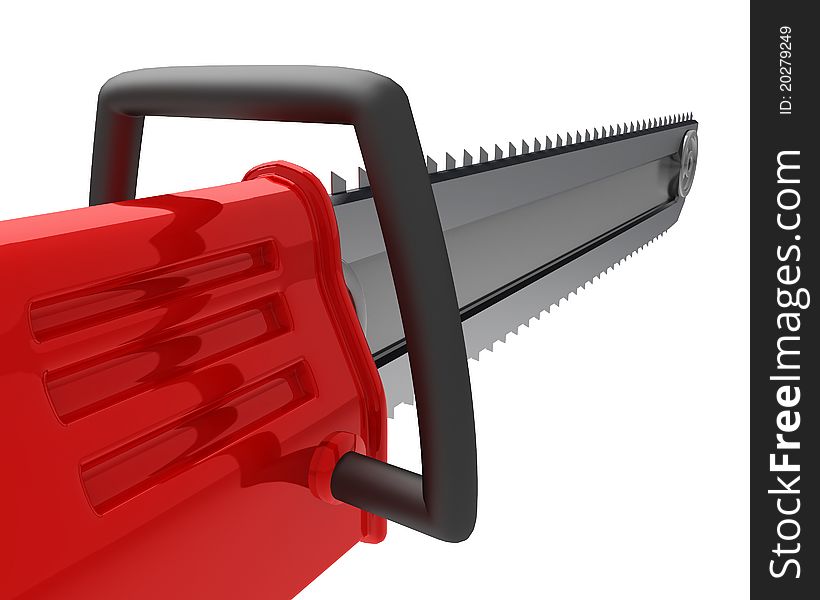 Angle view of red chainsaw isolated