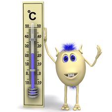 Haired Happy Puppet Standing Near Big Thermometer Royalty Free Stock Photography