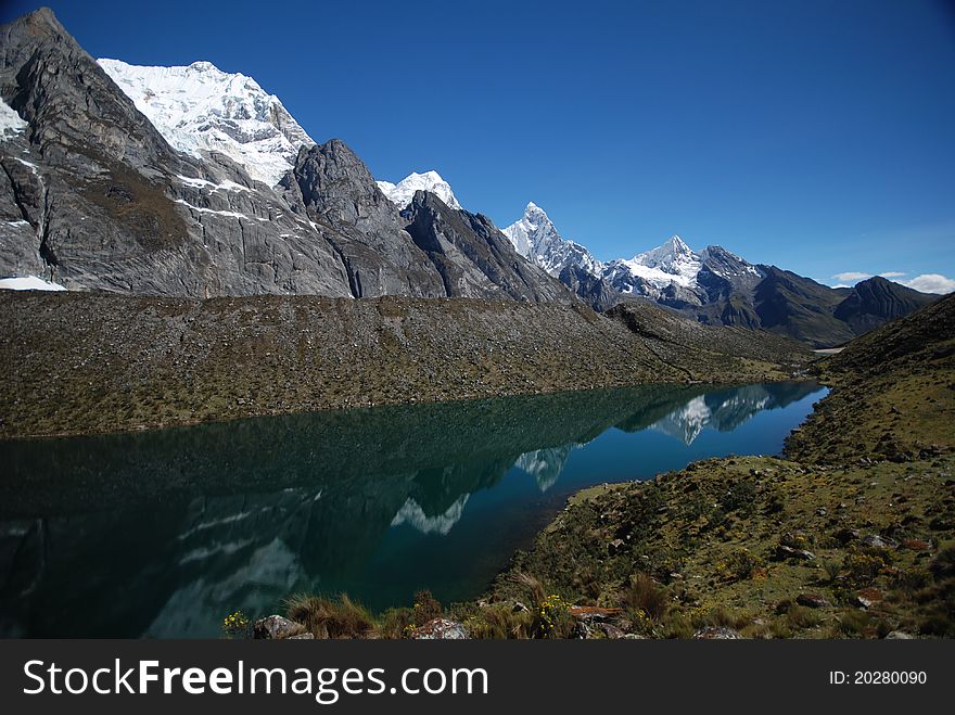 Snow mountains reflection on a blue lake. Snow mountains reflection on a blue lake