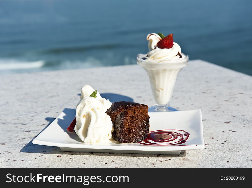 Warm chocolate pudding and ice cream