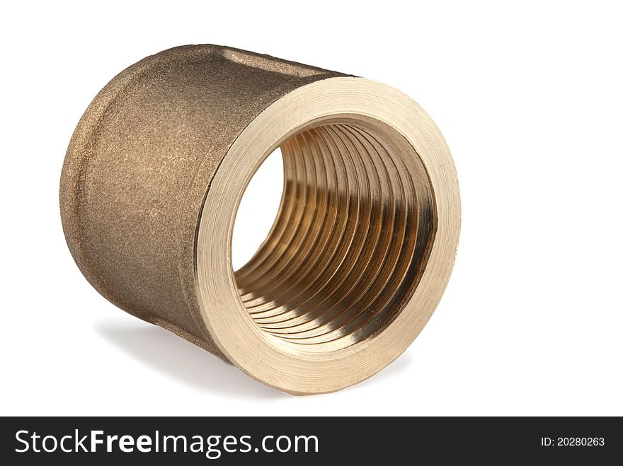 Brass pipe coupling isolated on a white background