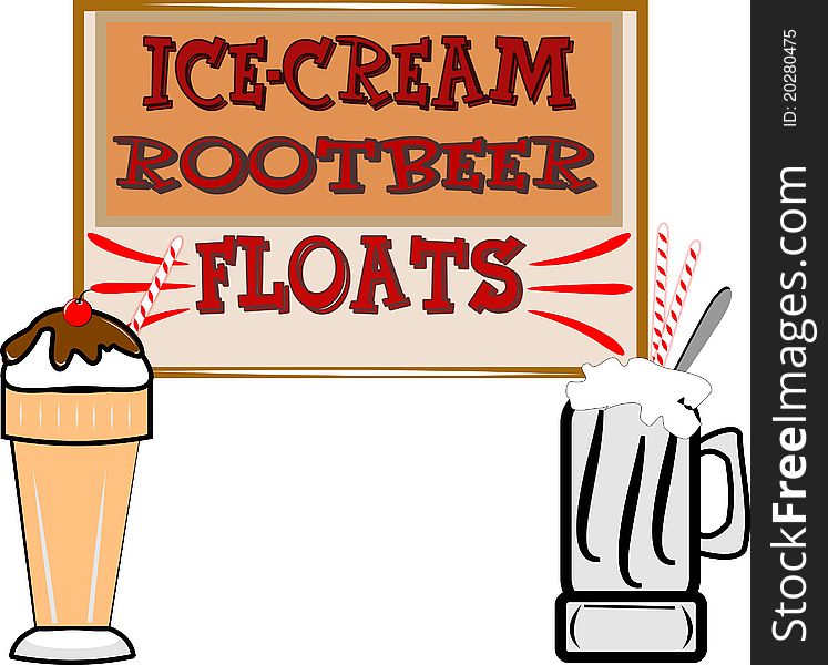 Illustration in retro style of root beer and ice cream floats on white background. Illustration in retro style of root beer and ice cream floats on white background