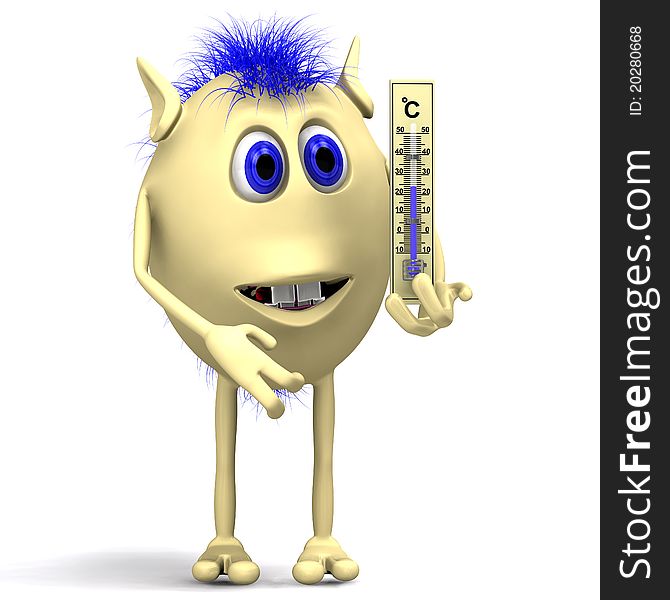 Blue haired happy puppet holding small plastic thermometer. Blue haired happy puppet holding small plastic thermometer