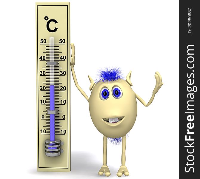 Haired happy puppet standing near big thermometer