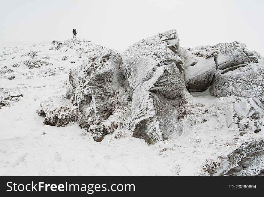 Frozen rocks in the mountains at winter