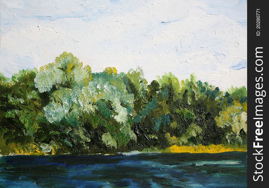 Oil painting trees near the water. Oil painting trees near the water