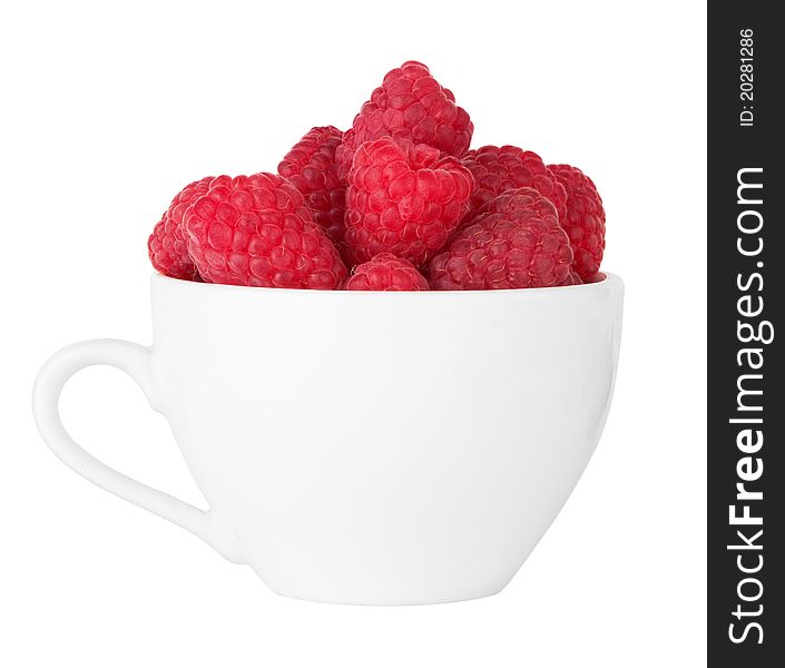 Ripe raspberry in cup isolated on a white background