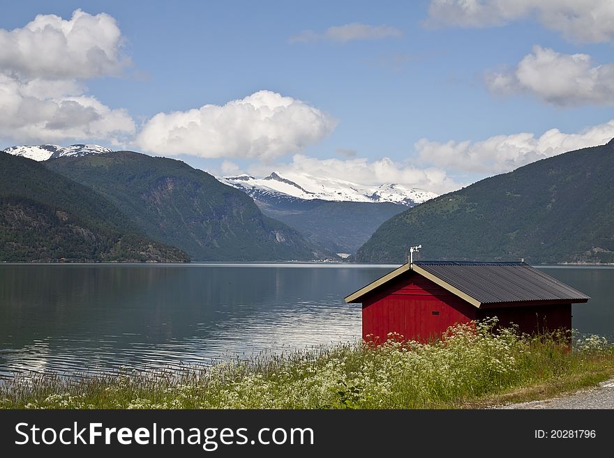 Norway scenery of Sognefjord with house, mountains