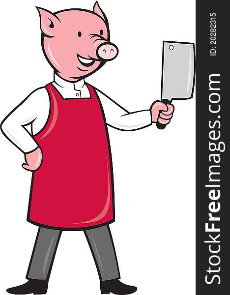 Illustration of a pig hog butcher holding meat cleaver knife standing front view on isolated white background done in cartoon style. Illustration of a pig hog butcher holding meat cleaver knife standing front view on isolated white background done in cartoon style.