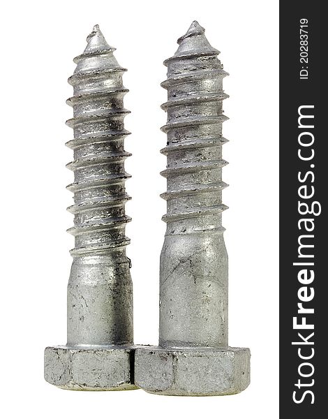 Close-up of metal screws isolated on a white background.