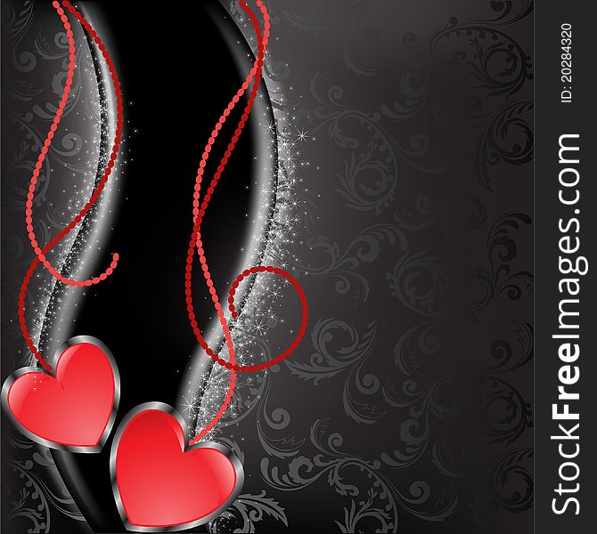 Two glossy red heart with chains on a black background. Two glossy red heart with chains on a black background