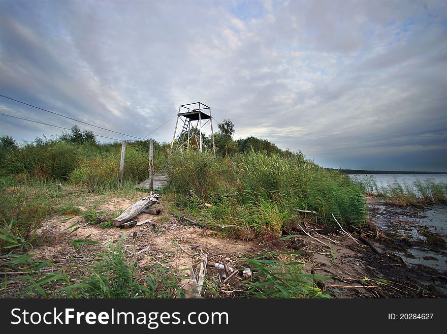 Watch tower on lake shore - landscape. Watch tower on lake shore - landscape