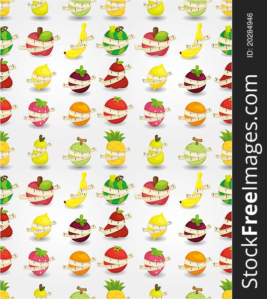 Fresh fruit and ruler health seamless pattern, drawing