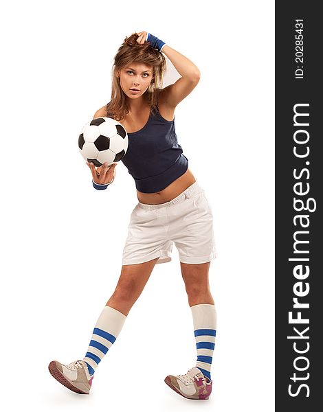 girl with soccer ball with over white background. girl with soccer ball with over white background