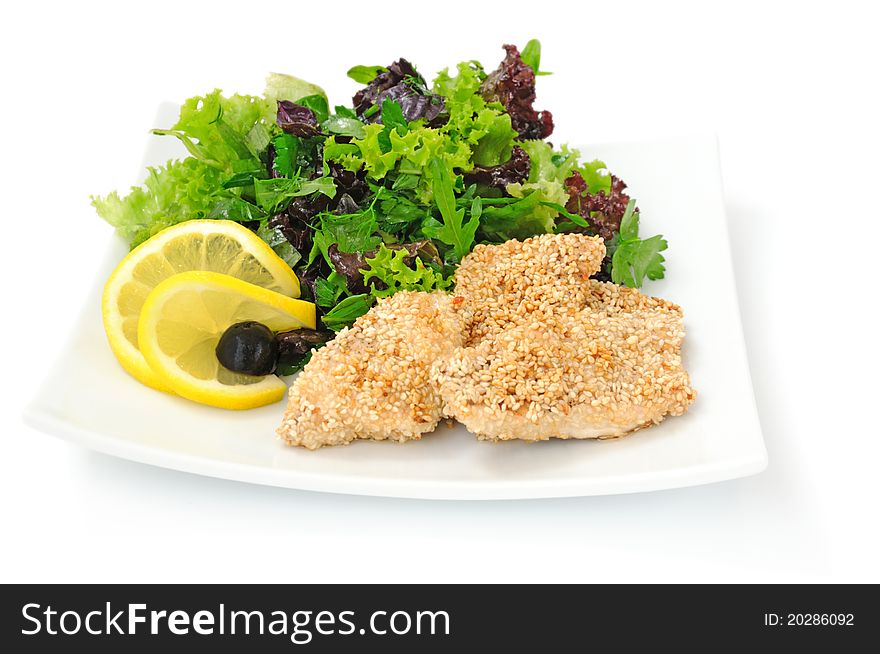 Chicken Fillet In Sesame With A Mixture Of Lettuce