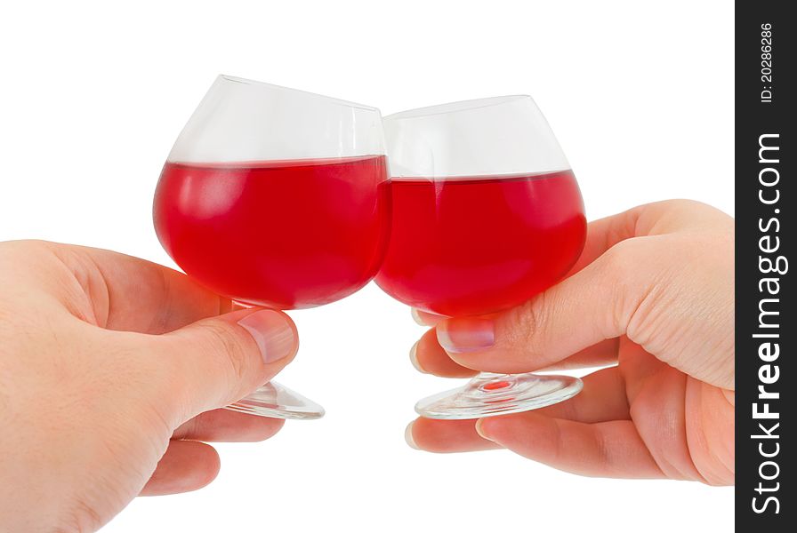 Hands and wineglasses isolated on white background