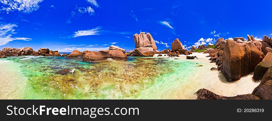 Panorama of tropical beach at Seychelles