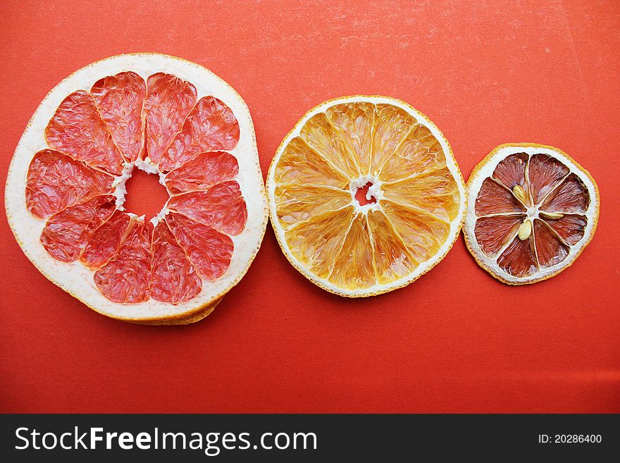 Dried slices of grapefruit, orange and lime. Dried slices of grapefruit, orange and lime