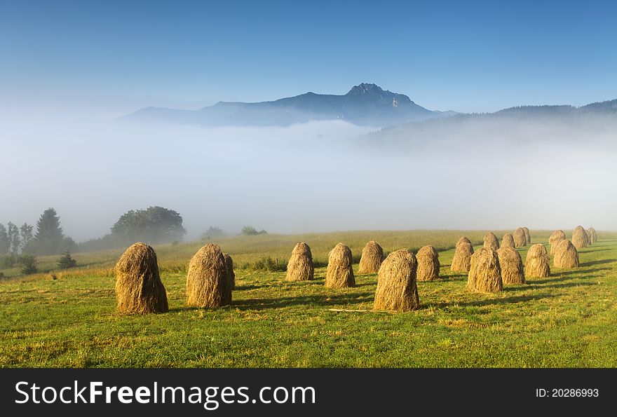 Sunrise in field with haycocks - Slovakia countryside