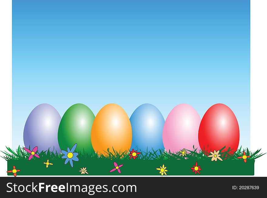 Illustration of colorful Easter eggs in the grass
