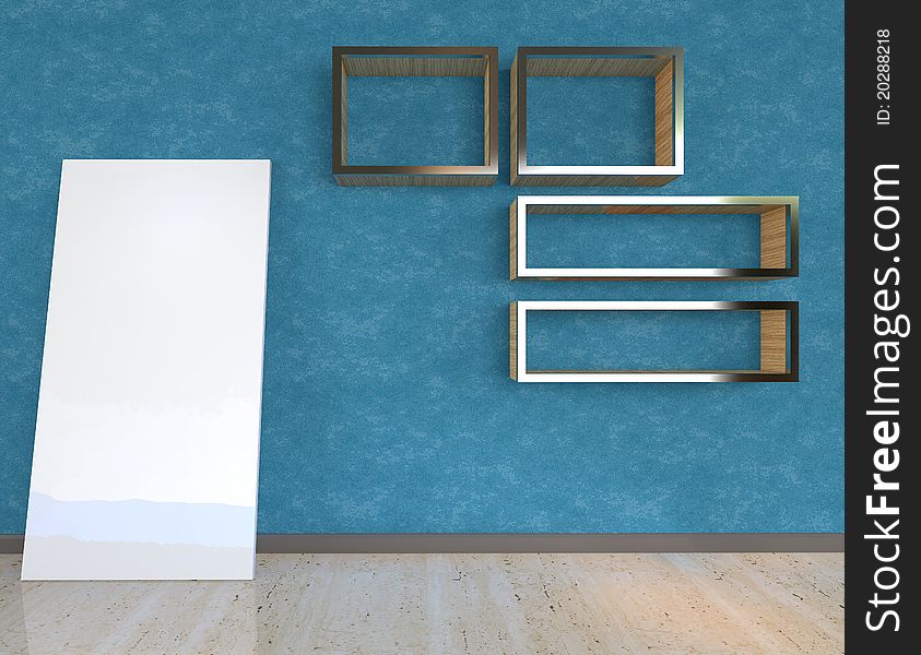 Interior design 3d render modern with blue room shelves wood mixed with Stainless steel and picture frame.