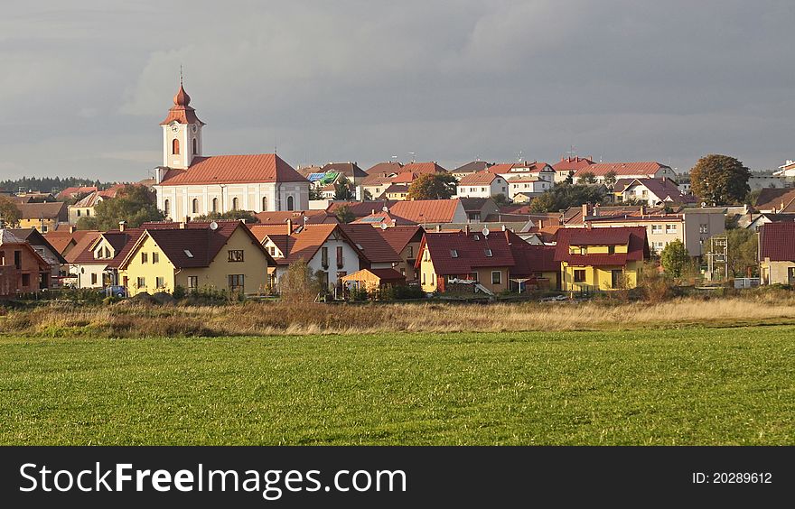 Panorama of small village with church in central Europe