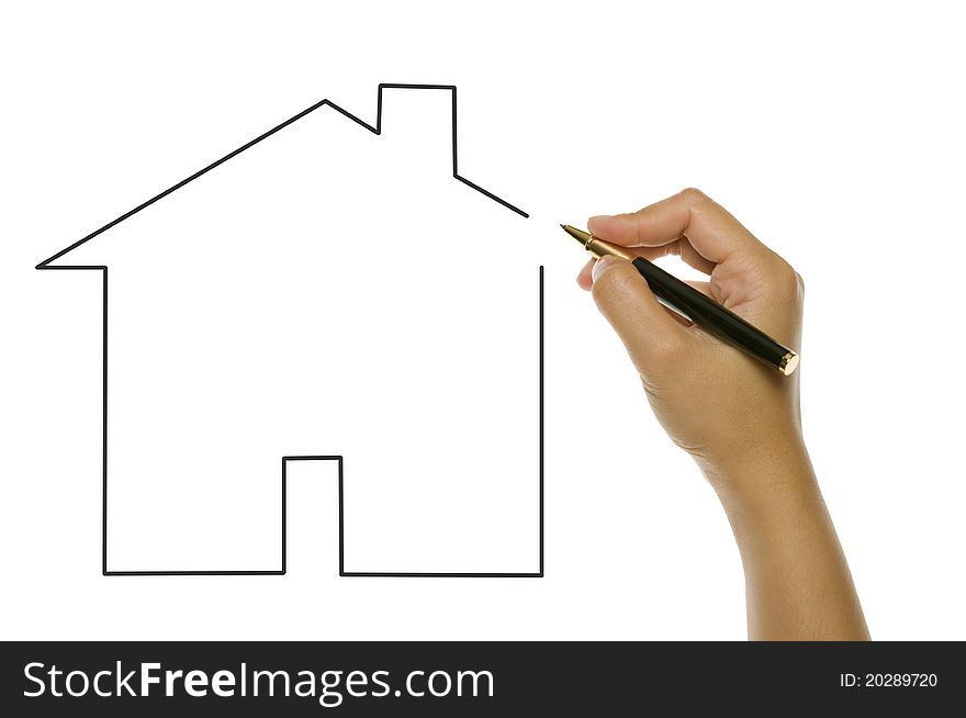 Woman hand draw with pen unfinished house isolated over white background. Woman hand draw with pen unfinished house isolated over white background