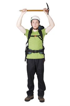 Mountain Tourist In Helmet And With Pick Stock Photo Mountain Tourist In Helmet And With Pick Stock Photo