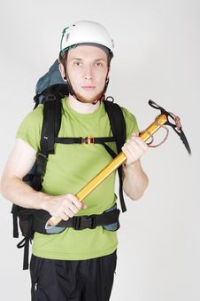 Mountain Tourist In Helmet And With Pick Stock Photos Mountain Tourist In Helmet And With Pick Stock Photos