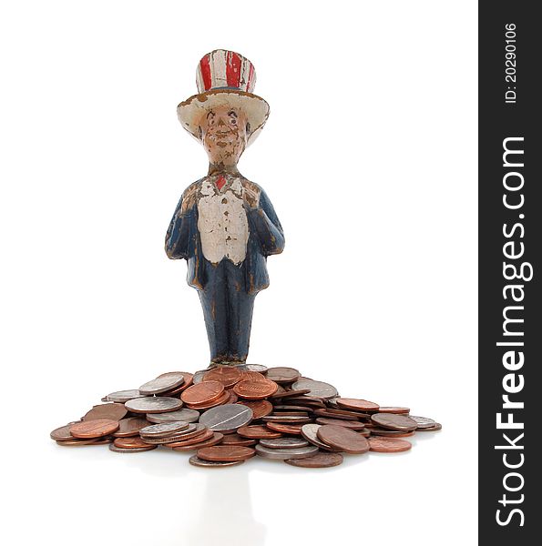 Vintage paper mache Uncle Sam with coins. Vintage paper mache Uncle Sam with coins