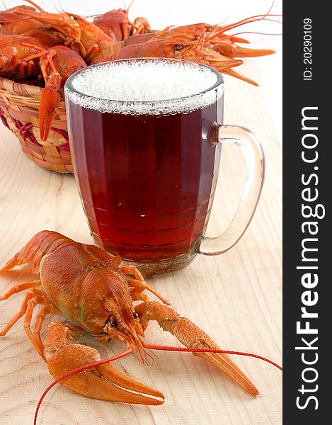 Beer mug and cancers isolated on a wooden board on a white background