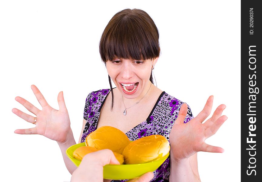 Woman With Burgers Isolated