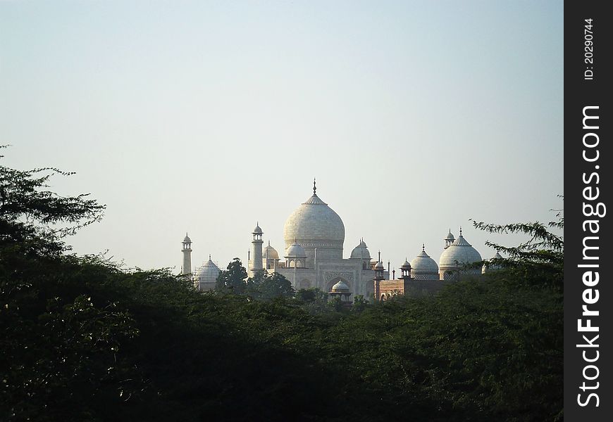 Taj Mahal in Agra, India seen from a distance, partly covered by trees. Taj Mahal in Agra, India seen from a distance, partly covered by trees.